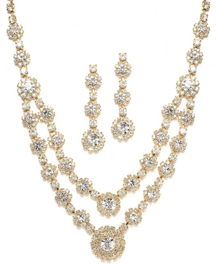 Mariell Gold Two-Row Rhinestone Crystal Necklace and Earrings Set - Prom Brides and Bridesmaids Jewelry
