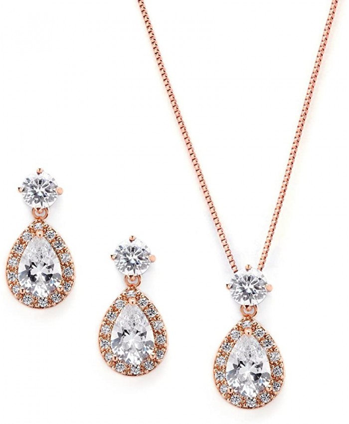 Mariell Rose Gold CZ Pear Shaped Necklace and Earrings Set - Wedding Jewelry for Brides & Bridesmaids
