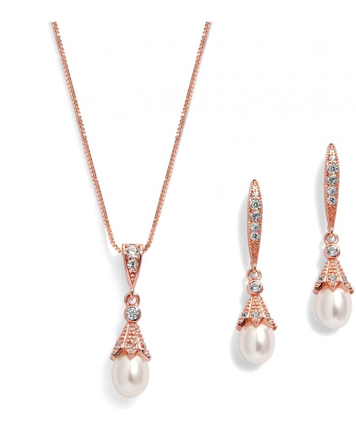 Mariell Rose Gold Wedding Necklace & Earrings Jewelry Set with Freshwater Pearl for Bridesmaids & Brides