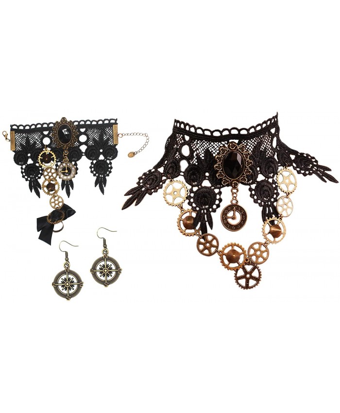 MEiySH Black Lace Gothic Lolita Pendant Choker Necklace Earrings Set Necklace Earrings + Bracelet