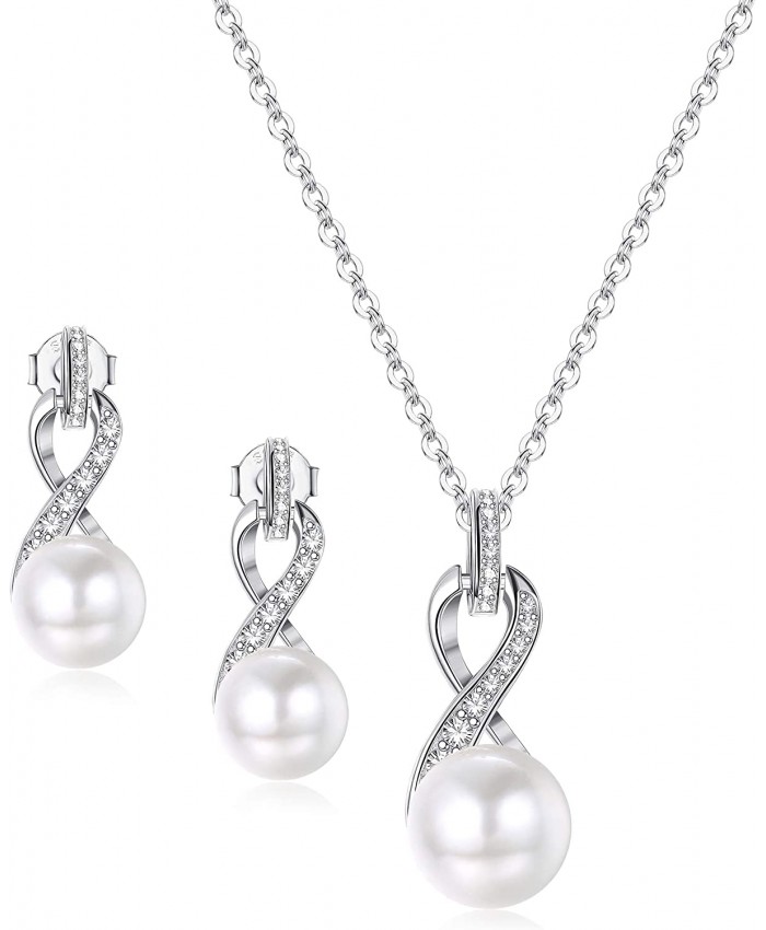 Milacolato 925 Sterling Silver Freshwater Cultured Pearl Jewelry Set Bright Crystals Infinity Design Necklace and Earrings Jewelry Gift for Women Mom Wife