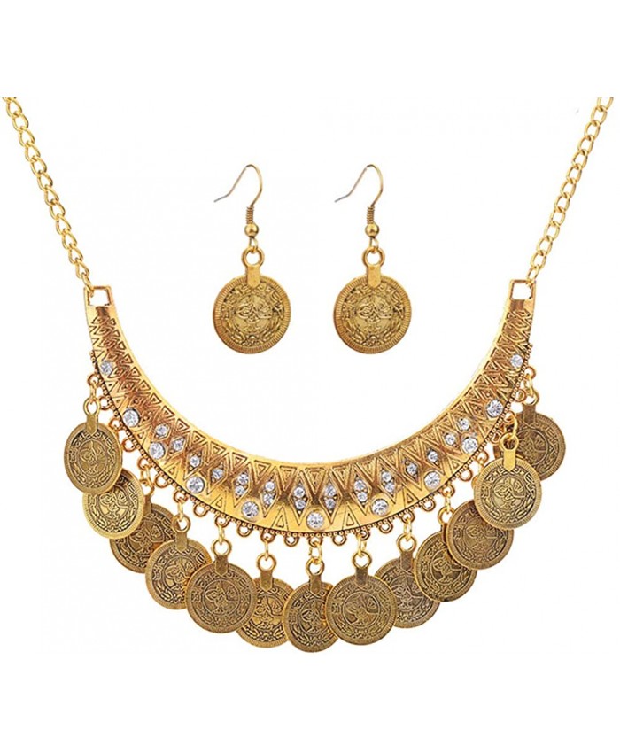MIXIA Dancing Gypsy Jewelry Ethnic Coin Bib Necklace Drop Earring 2 Pcs Jewelry Set Women Exotic Bohemian Accessories Antique Gold