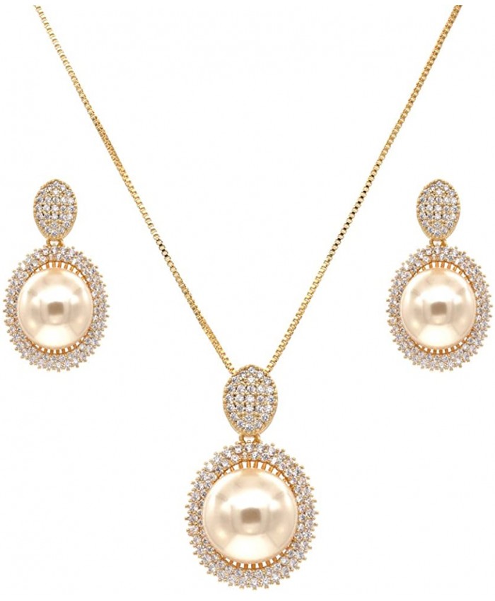 Oval Dangle Jewelry Set Cream Color Pearl Necklace & Earrings Trendy AAA Cubic Zirconia Gold Plated For Women Gold