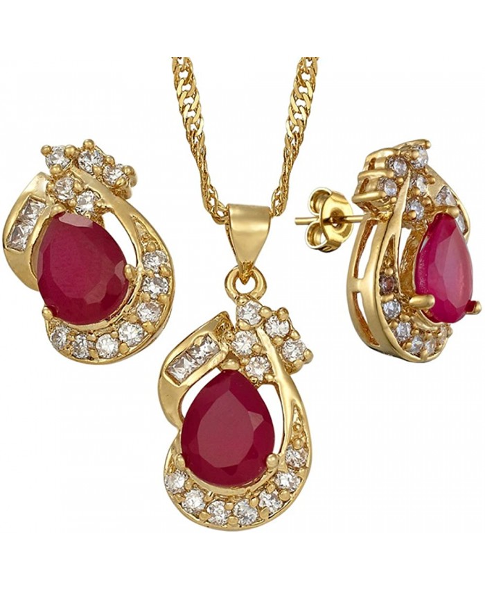 RIZILIA Pear Cut Red Ruby Yellow Gold Plated Jewelry Set Pendant with 18 Chain Stud Earrings