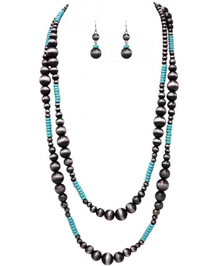 Rosemarie Collections Women's Extra Long Metallic and Turquoise Bead Statement Necklace and Earrings Set 60 Metallic Silver