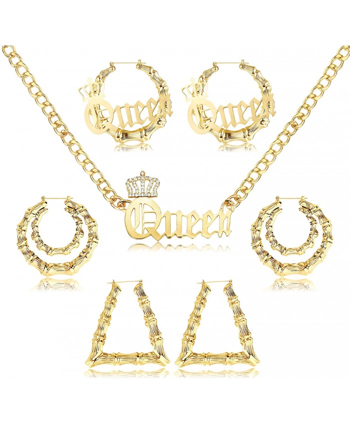 sailimue Queen Pendant Curb Chain Necklace with Oversize Bamboo Hoop Earring Set for Women Gold Plated Women's Statement Earrings Costume Jewelry Punk Hip Hop Rapper Style