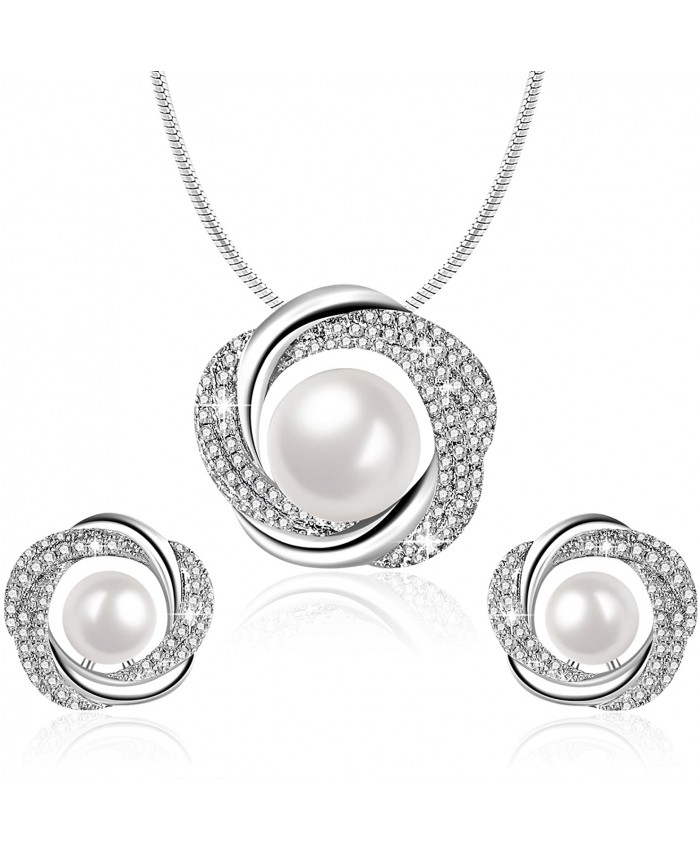 Sheshine Blessing of Love Women Elegant Pearl Pendant Necklace Earrings Set Jewelry Set Crystal from Swarovski