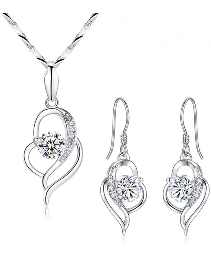 Silver Jewellery Set for Women 925 Sterling Silver Heart Dangle Drop Earrings & 45cm Necklace Pendant Set with White Cubic Zirconia Jewellery for Mother Wife Girlfriend for Bridal Bridesmaid