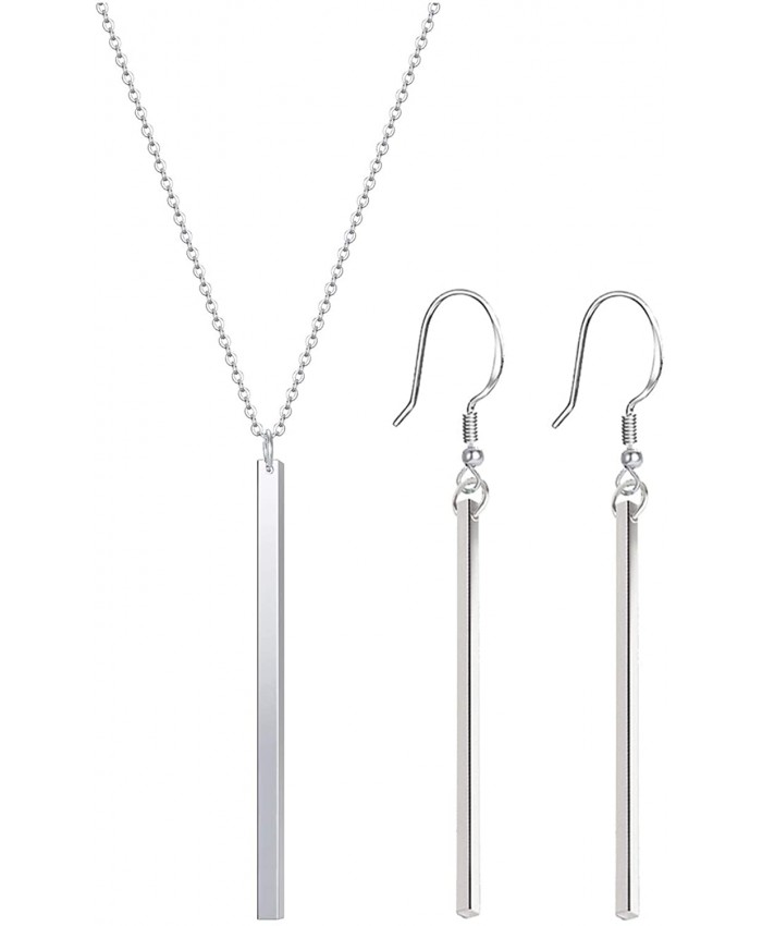 Simple Long Necklace Earrings Set Vertical Bar Pendant Necklaces Bar Drop Earrings Lariat Chain Polished Jewelry for Women 2.4 Pendant 35 Chain Silver Plated