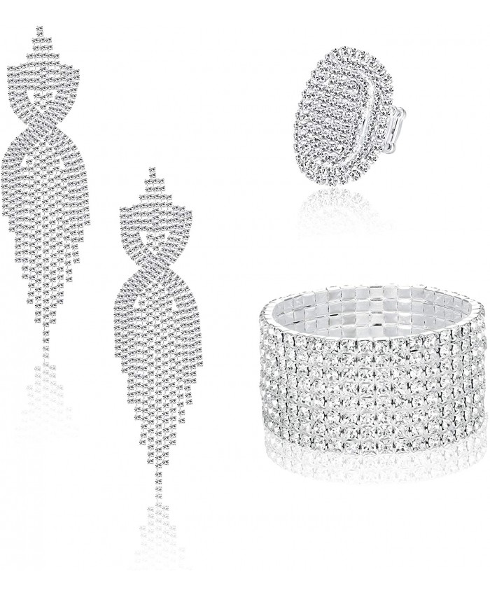 Sllaiss Rhinestone Bridal Jewelry Set for Women Sparkling Rhinestone Stretch Bracelet Ring Dangle Tassel Earrings Set Costume Jewelry Set 01