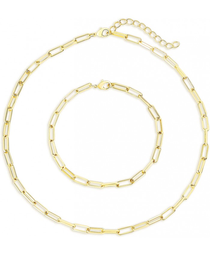 Statement 14k Gold Plated 4mm Thick Oval Chain Link Choker Collar Necklaces and Link Chain Bracelets Chunky Gold Jewelry Set for Women Gold chain necklace bracelet set