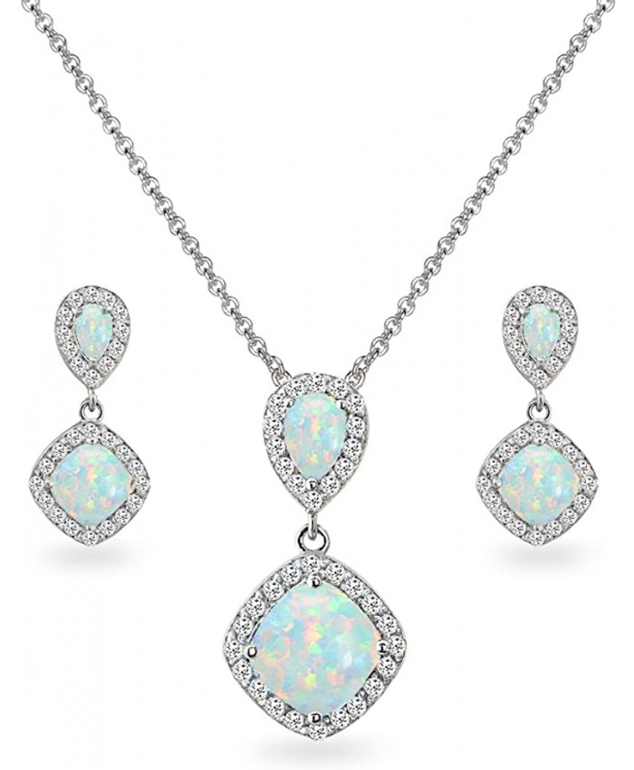 Sterling Silver Synthetic Opal & White Topaz Dangle Earrings & Necklace Set