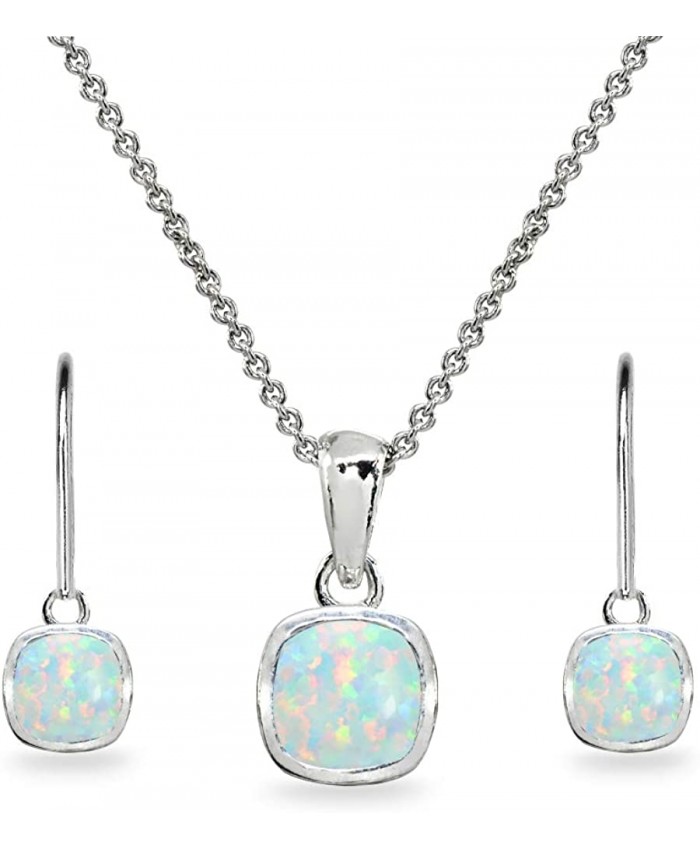 Sterling Silver Synthetic White Opal Cushion-Cut Bezel-Set Pendant Necklace & Dangle Leverback Earrings Set