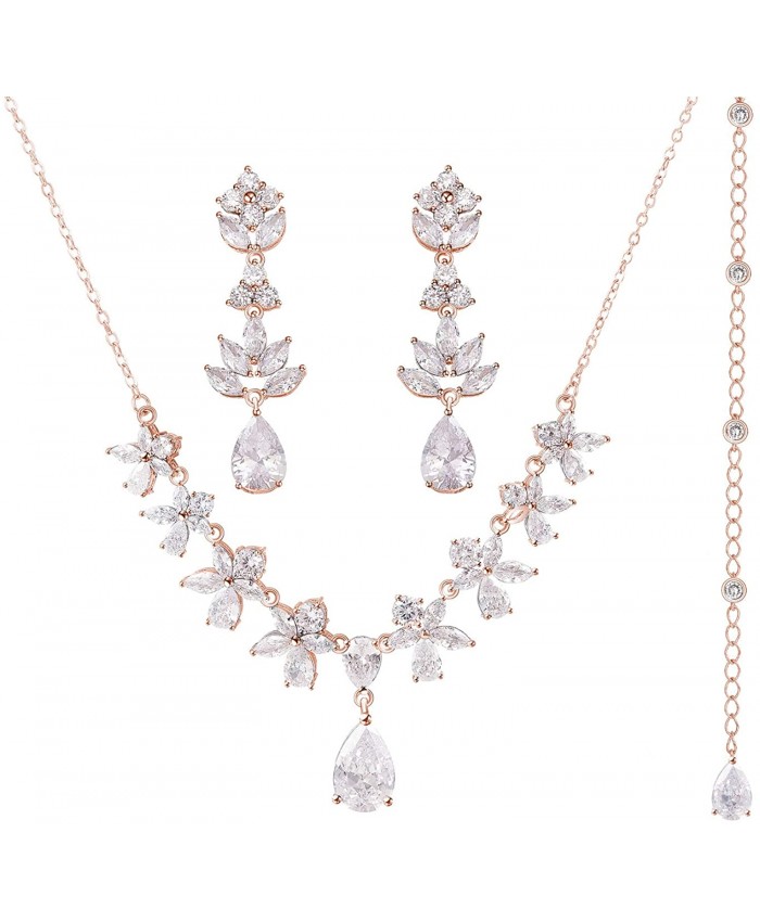 SWEETV Rose Gold Cubic Zirconia Bridal Wedding Jewelry Sets for Brides Bridesmaid Teardrop Back Drop Necklace Dangle Earrings Sets for Women Prom