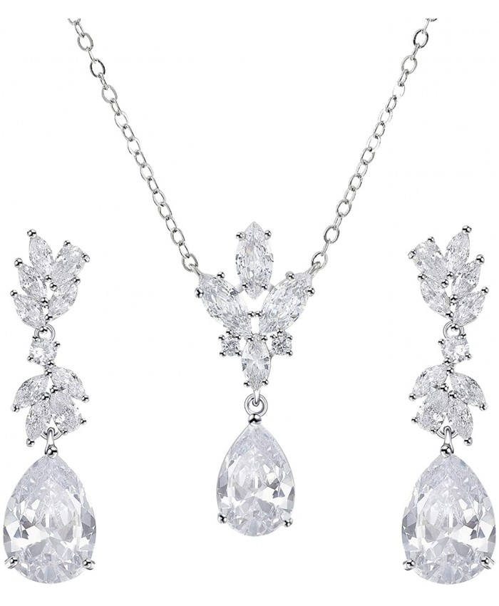 SWEETV Teardrop Wedding Bridal Jewelry Set for Brides Bridesmaid Silver Crystal Pendant Necklace Drop Dangle Earrings Set for Women