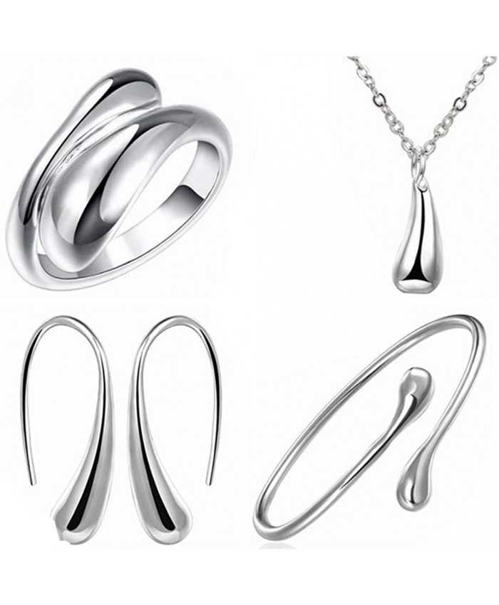 Syhonic 925 Sterling Silver Jewelry Set for Women Teardrop Necklace + Earring + Ring + Bangle Set for 4 Pcs Party Mother's Day Prom Wedding Fashion Accessories Gift