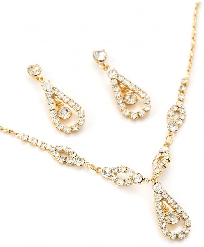 Topwholesalejewel Gold Teardrop Shape Line with Crystal Rhinestone Fill Bridal Wedding Party Necklace and Matching Dangle Earrings Jewelry Set