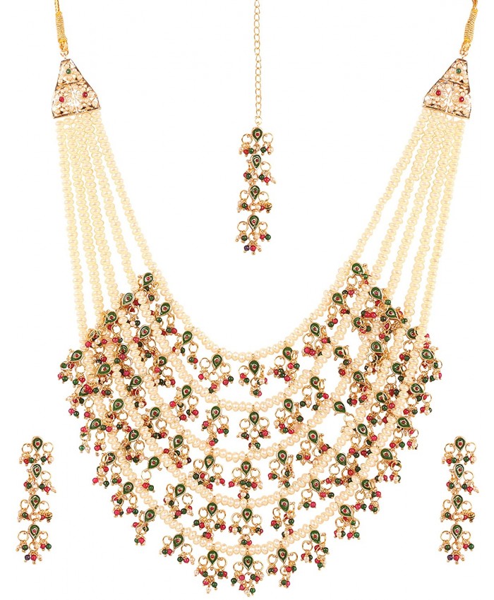 Touchstone Mughal Jali Collection Indian Bollywood Faux Pearls Ruby Emerald Meenakari Enamel Charming Five Lada Grand Bridal Designer Wedding Jewelry Necklace Set for Women in Antique Gold Tone.