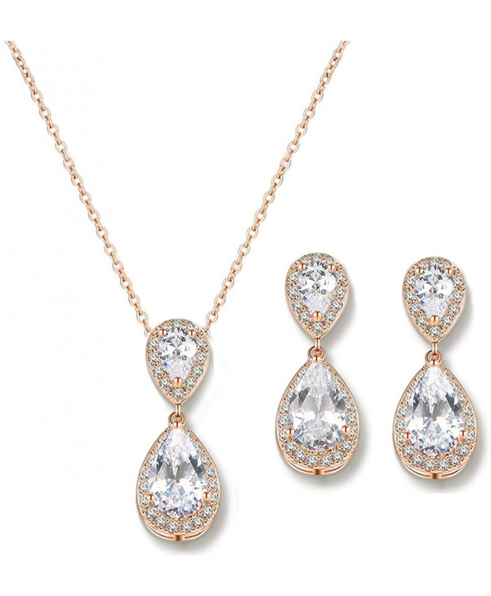 UDORA Teardrop Cubic Zirconia Drop Earrings Necklace Bridal Jewelry Sets Wedding Prom Gifts For Bridesmaid Rose Gold