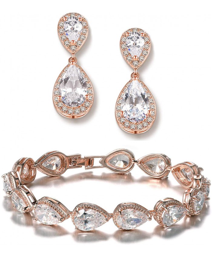 UDORA Teardrop Dangle Earrings Bracelet Bridesmaid Jewelry Set Bridal Wedding Party Prom Gifts Rose Gold