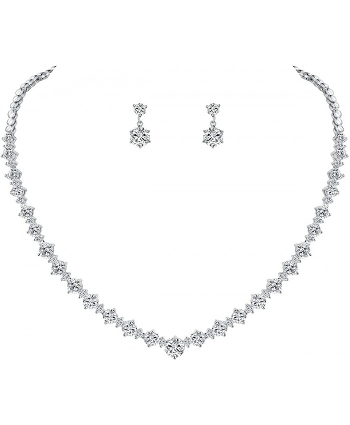 WeimanJewelry Silver Gold Plated Women Cubic Zirconia Round Cut CZ Bridal Necklace and Drop Earring Set for Bride Wedding Silver
