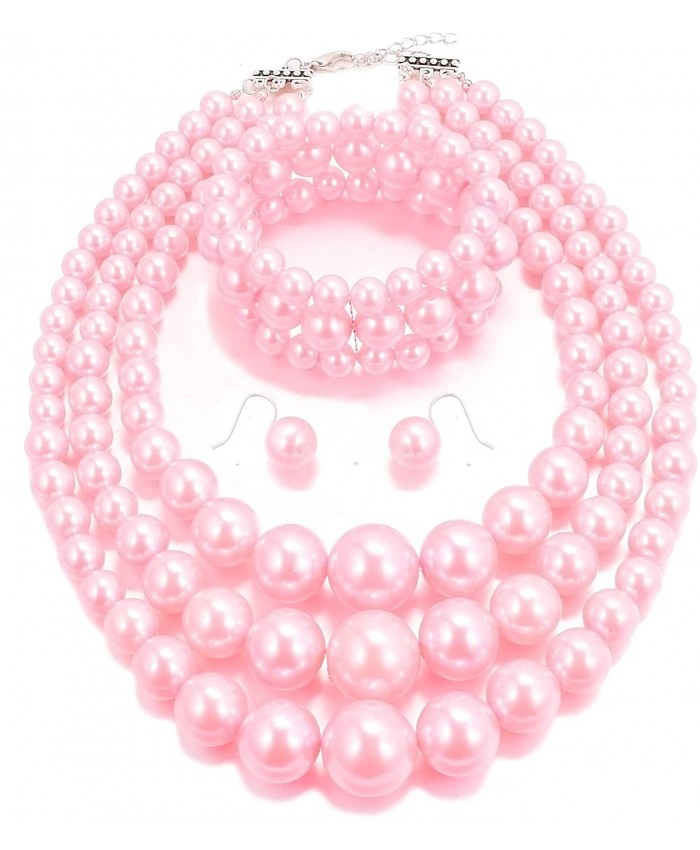 Womens Faux Pearl Costume Jewelry 3 Layers Pearl Chunky Necklace Bracelet and Earrings Pink