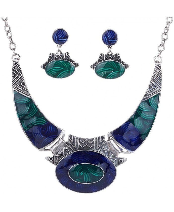 YAZILIND Ethnic Dark Blue Green Embossed Bib Collar Earrings Necklace Jewelry Set Women