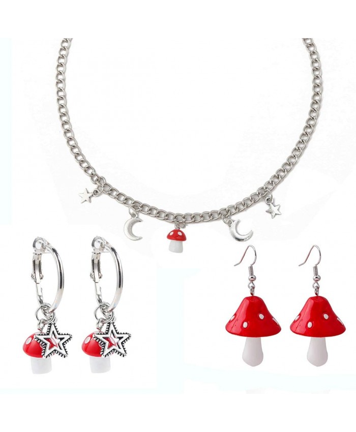 ZZ ZINFANDEL Star Moon Mushroom Necklace Earrings Set for Women Girls Fashion Punk Chain with Charm 3D Simulation Mushroom Pendant Choker for Vegetables Jewelry A