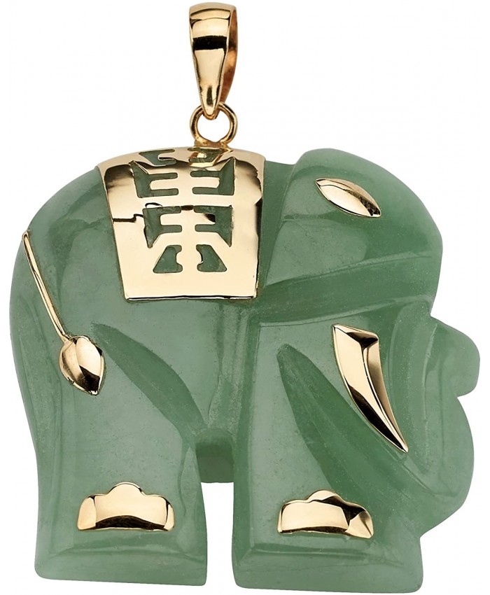 14K Yellow Gold Genuine Green Jade Good Luck Elephant Charm Pendant 33mm