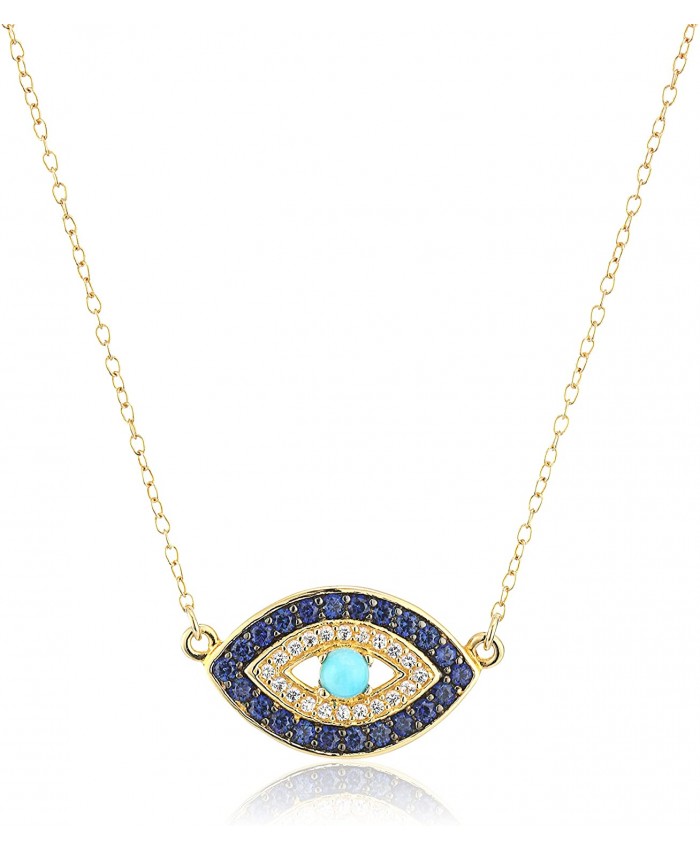 18k Yellow Gold Plated Sterling Silver Stabilized Turquoise with Created Blue and White Sapphire Evil Eye Necklace 18