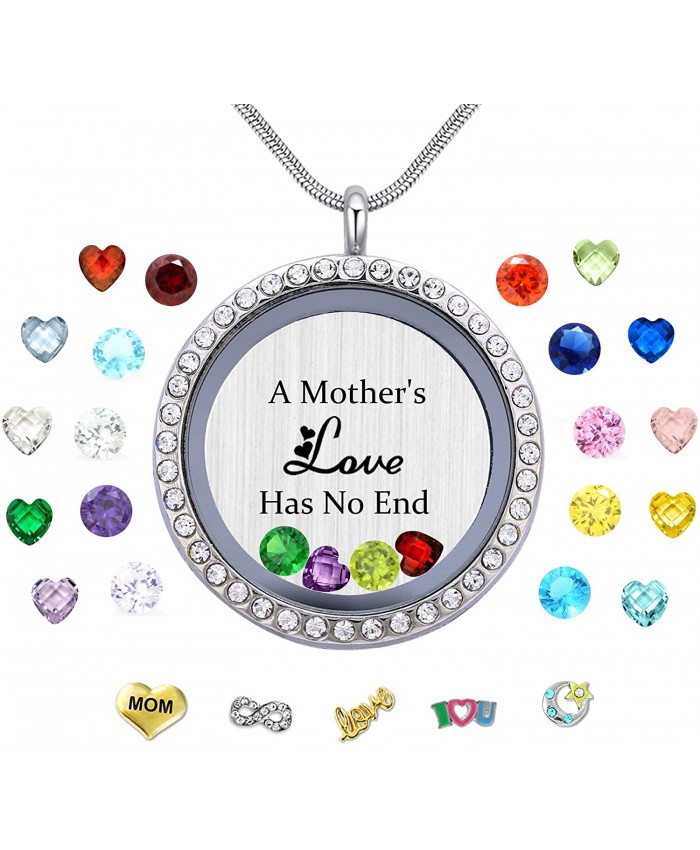 A Mothers Love Has No End Floating Locket Necklace Pendant with Charms & 24PCS Birthstones Mother's Day Birthday Xmas Gifts