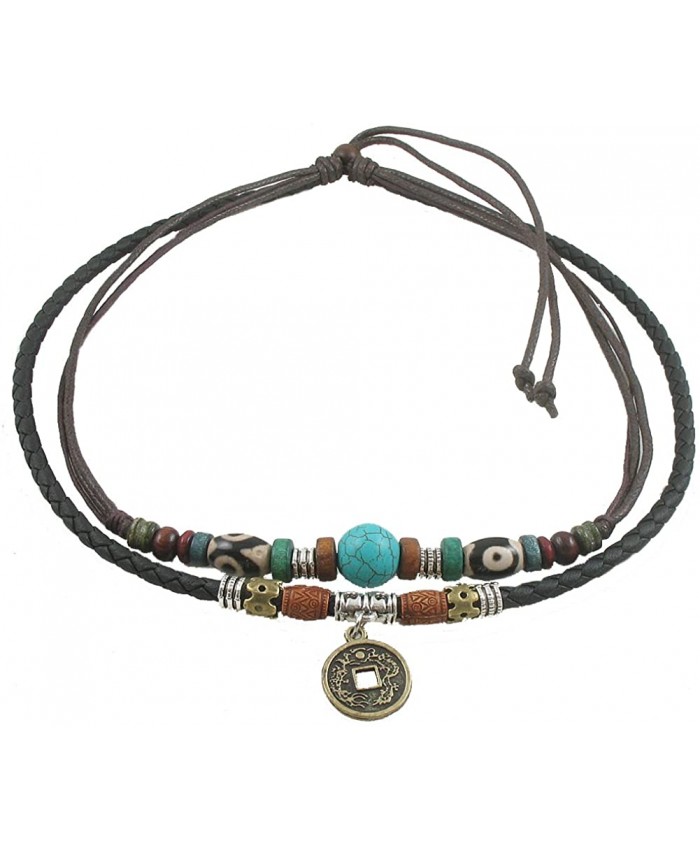 Ancient Tribe Unisex Adjustable Hemp Genuine Leather Necklace Choker Turquoise Bead Black