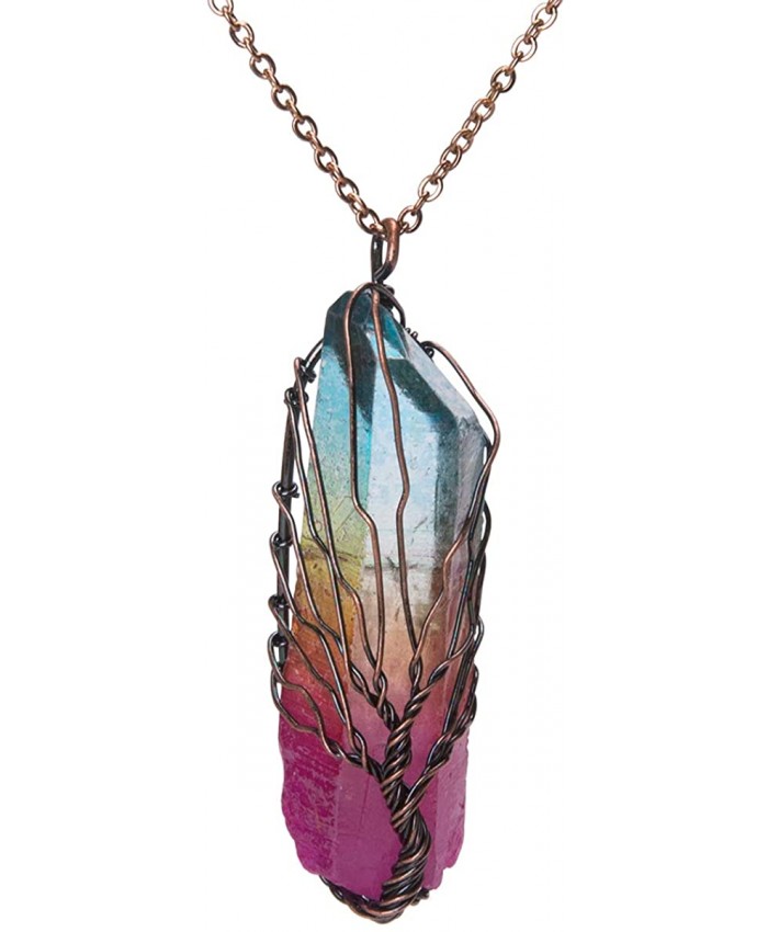 Bivei Tree of Life Copper Wire Wrapped Natural Quartz Necklace Reiki Healing Crystal Point Chakra Pendant Jewelry Gift for WomenBronze Titanium Coated Multi Color #1