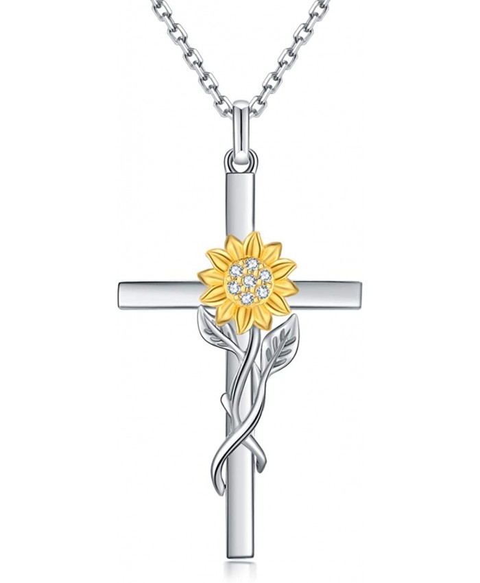 DIOFRG Sunflower Cross Necklace Sterling Silver Dainty Sunshine Pendant for Women Mom Christmas Valentines Day Anniversary Wife Friend Flower Teen Girl Gifts Jewelry