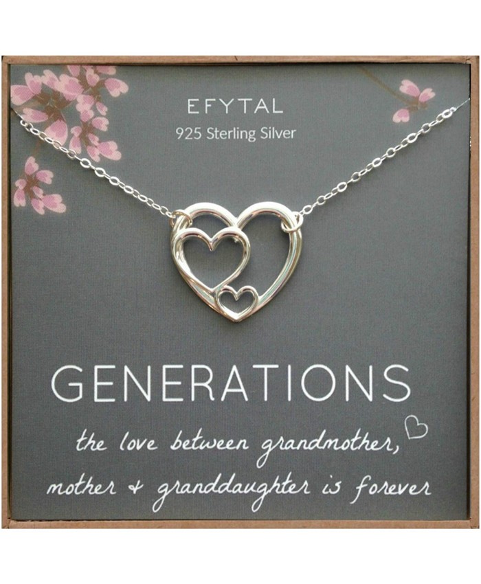 EFYTAL Generations Necklace for Grandma Sterling Silver Triple Heart for Mom & Granddaughter Mothers Day Gift