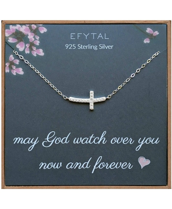 EFYTAL Small Cross Necklace for Women and Girls Christian Gifts for Easter First Communion Confirmation Baptism Sterling Silver Sideways CZ Tiny Pendant Jewelry Religious Gift for Catholic Birthday
