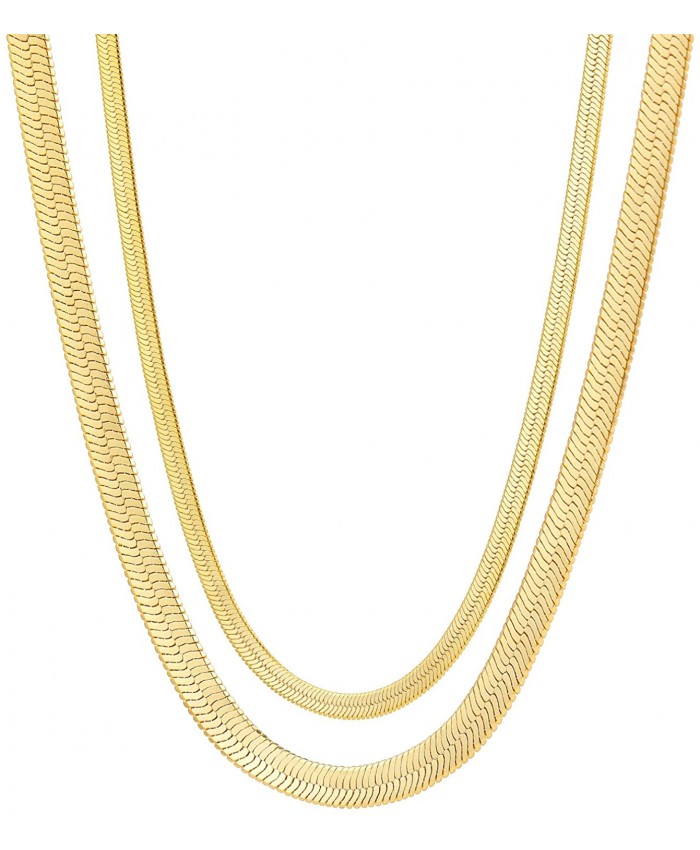 Fiusem Gold Necklaces for Women 14K Gold Plated Herringbone Choker Necklaces for Women Snake Chain Necklace Width 5mm Length 14 Inches & Width 3mm Length 12.5 Inches