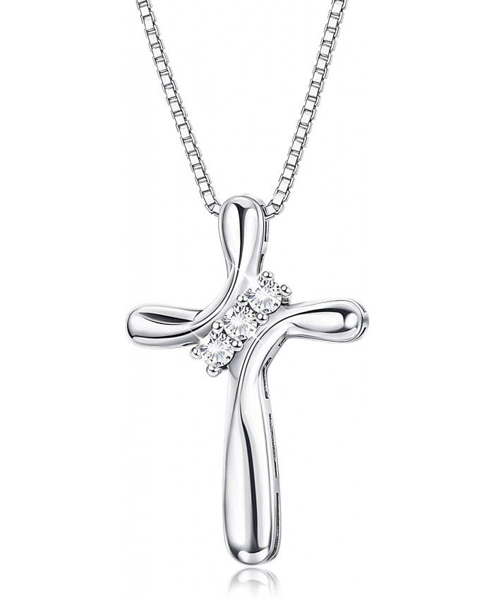 FUNRUN JEWELRY 925 Sterling Silver Cross Pendant Necklace for Women 3-Stone Cubic Zirconia Pendant with 1MM Box Chain 17.7''