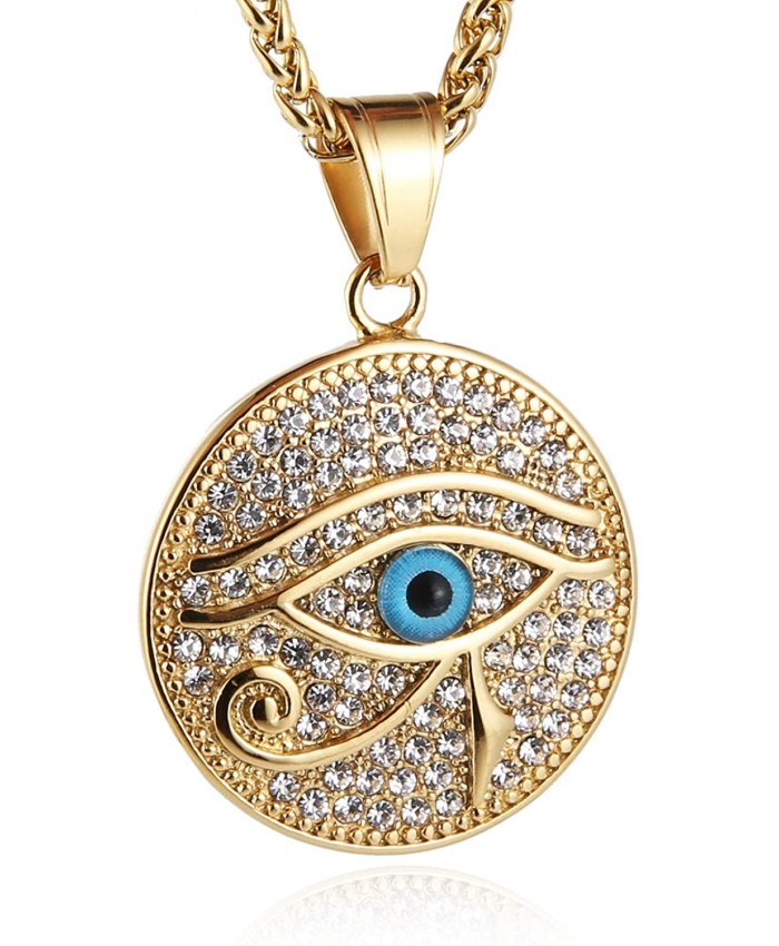 HZMAN 18k Gold Plated Iced Out Eye of Horus Egypt Protection Dog Tag Pendant Stainless steel Necklace Round medal