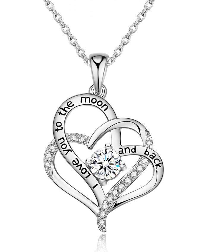 I Love You To The Moon and Back Sterling Silver Heart Necklace for Women Romantic Gifts for Her on Mother's Day Anniversary Birthday Gifts for Wife Girlfriend Mom Daughter White Gold