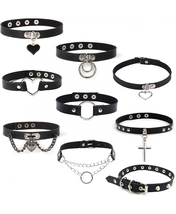 Jewdreamer 9 Pcs PU Leather Punk Choker Necklace Gothic Collar Choker Leather Rivets Spiked Choker for Women Adjustable