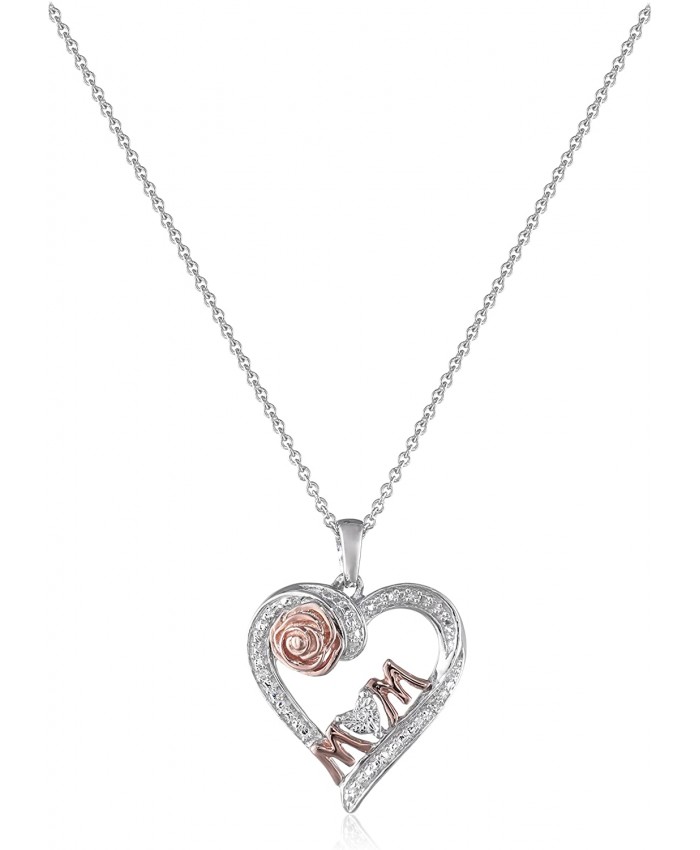 Jewelili 18K Rose Gold Over Sterling Silver Natural White Round Diamond Accent MOM Heart Shape Pendant Necklace 18 Rolo Chain