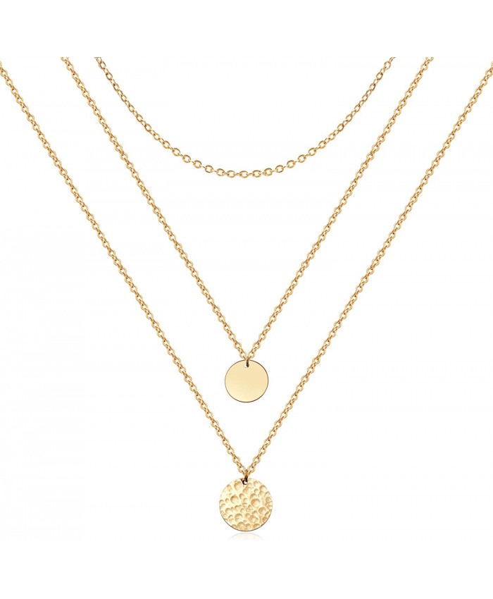 Ldurian Layered Necklace Choker Set with Coin Pendant Triple Layering Chain Dainty Jewelry Minimal Necklaces for Women Teen Girl 14K Gold Plated Hammered