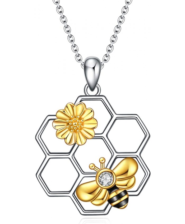 LUHE Bee Necklace 925 Sterling Silver Honeycomb Cute Flower Pendant Necklaces for Women for Her Bee Necklace