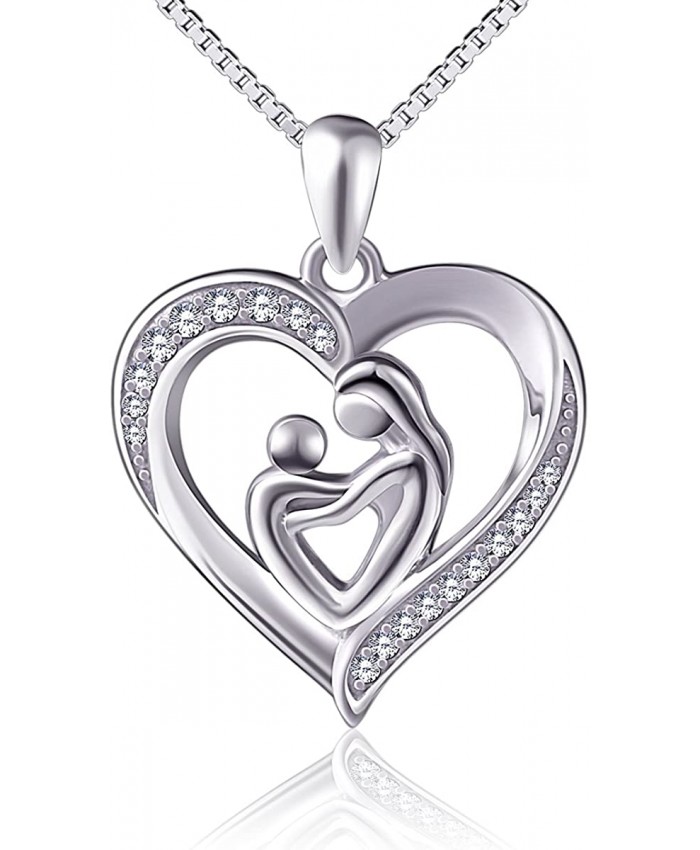 Mother Holding Child Sterling Silver Mothers Love Heart CZ Pendant Women Necklace 18 inches