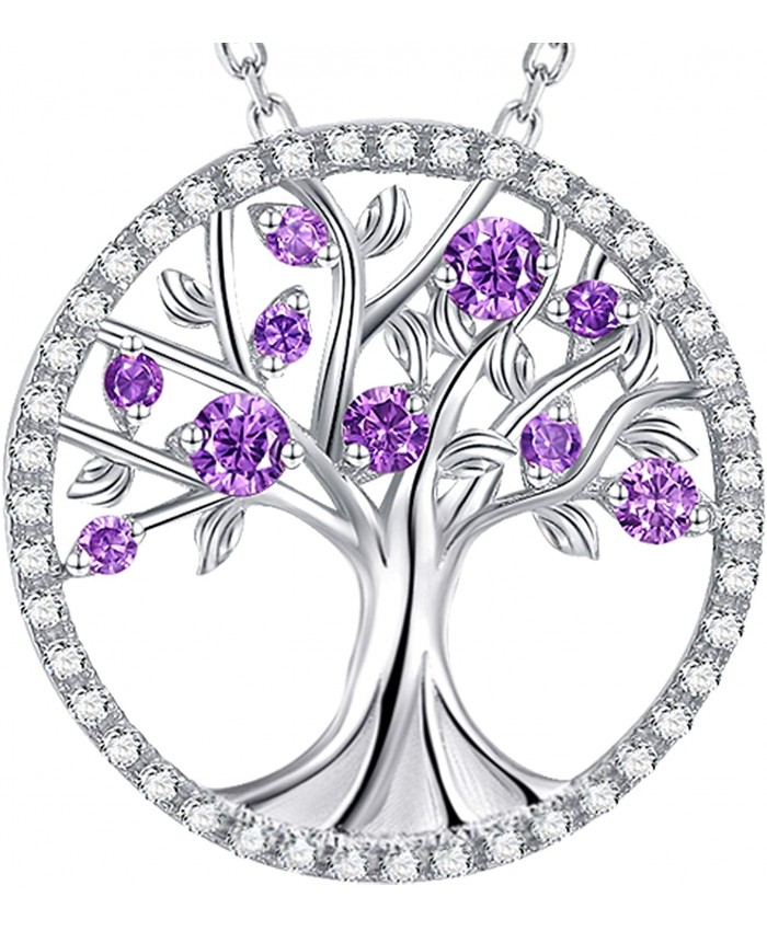 Mothers Day Jewelry Gifts for Mom Tree of Life Jewelry February Birthstone Necklace Amethyst Sterling Silver Birthday Pendant for Women