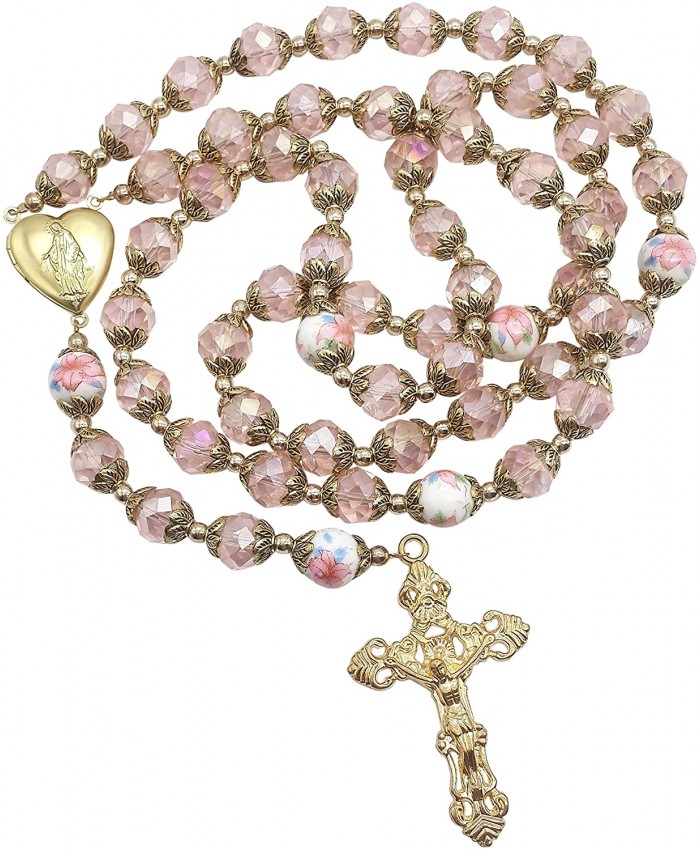 Nazareth Store Catholic Pink Crystal Beads Gold Rosary Flowers Beaded Necklace Holy Mary Heart Locket Medal & Cross Religious Amulet for Women