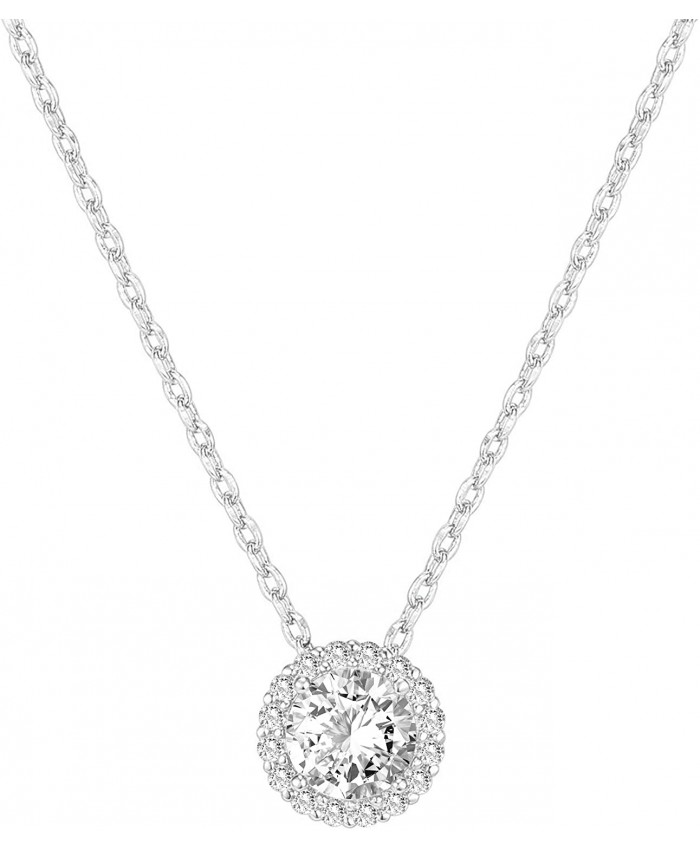 PAVOI 14K Gold Plated Post Faux Diamond Round Solitaire Pendant Halo Necklace in White Gold