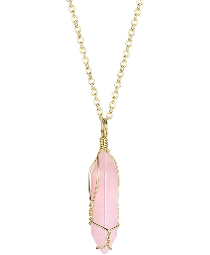 Rose Quartz Crystal Pendant 14K Gold Plated Wire Wrap Necklace on 20 Chain