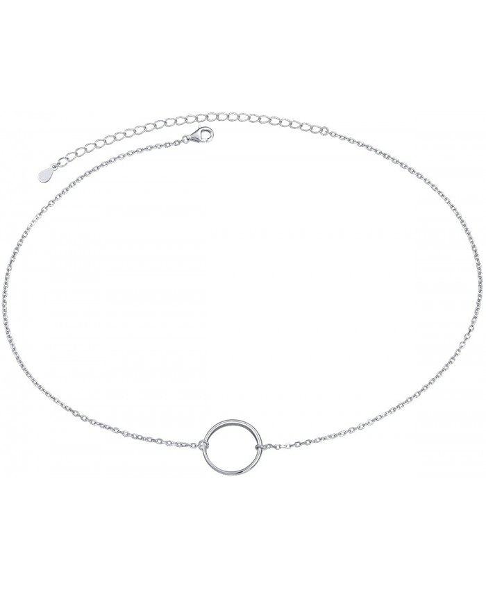 S925 Sterling Silver Dainty Simple Circle Pendant Eternity Choker Necklace Rolo Chain 13+3 inches